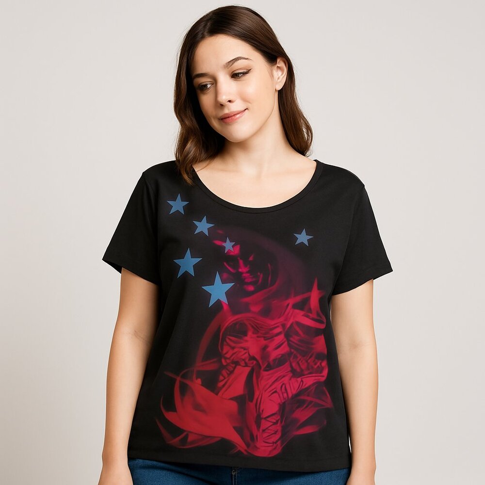 Enyce Womens Graphic Tee Top Black Red Blue Stars Short Sleeve Large New
